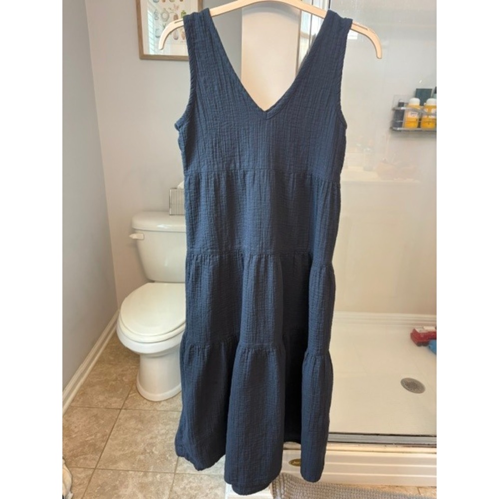 Quince Women's S Blue Gray Organic Cotton Gauze Tiered Maxi Dress V Neck